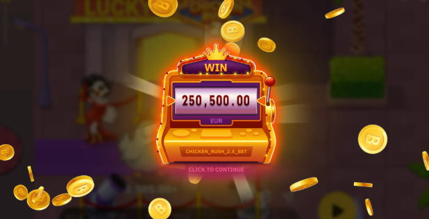 Chicken Rush 2 big win screen — golden arcade win machine showing 250,500.00 EUR, WIN banner with crown, falling coins, and CLICK TO CONTINUE