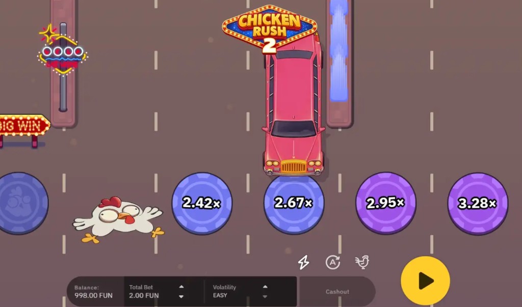 Chicken Rush 2 gameplay screenshot — multi-lane road with pink limousine, flattened chicken after a hit, purple multiplier chips 2.42x to 3.28x, Easy volatility and FUN balance bar