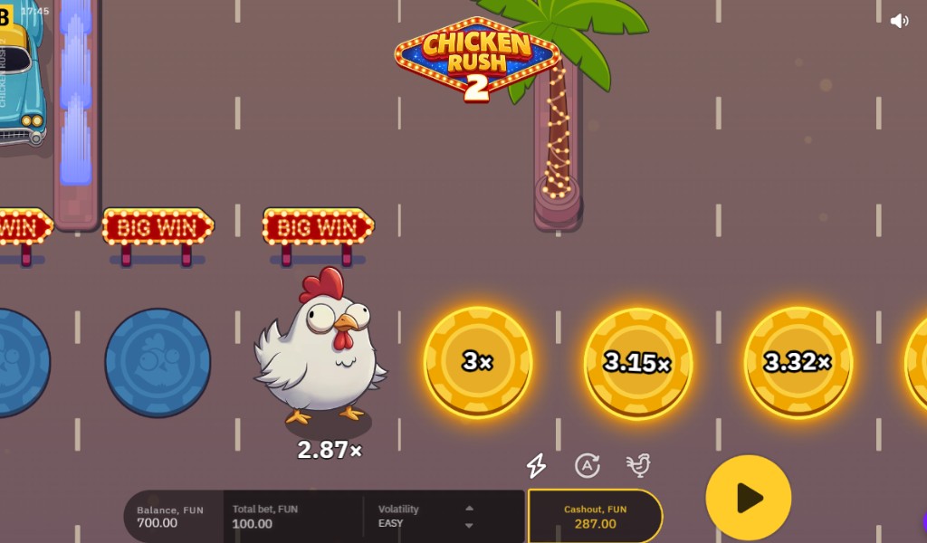 Chicken Rush 2 gameplay — chicken at 2.87x with three gold multiplier chips ahead (3x, 3.15x, 3.32x), Cashout showing 287.00 FUN on Easy
